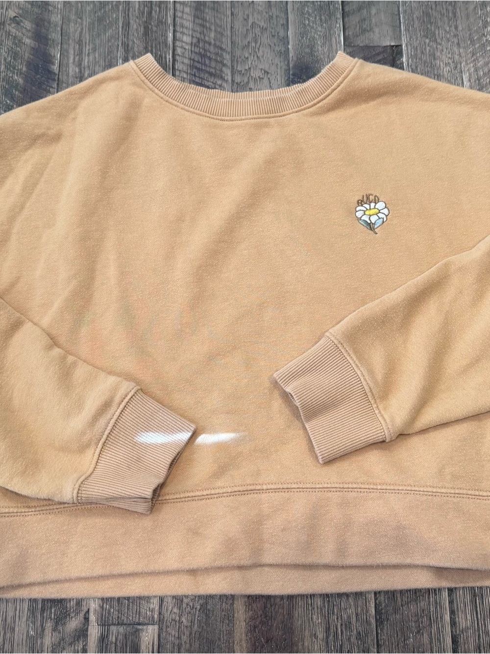 RVCA Tan Crewneck Sweatshirt with Daisy Heart Patch